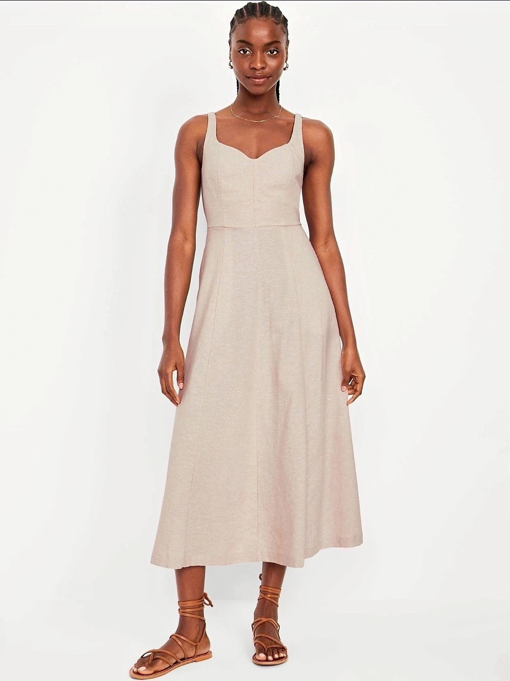 Old Navy Fit & Flare Sleeveless Linen-Blend Midi Dress Beige Medium